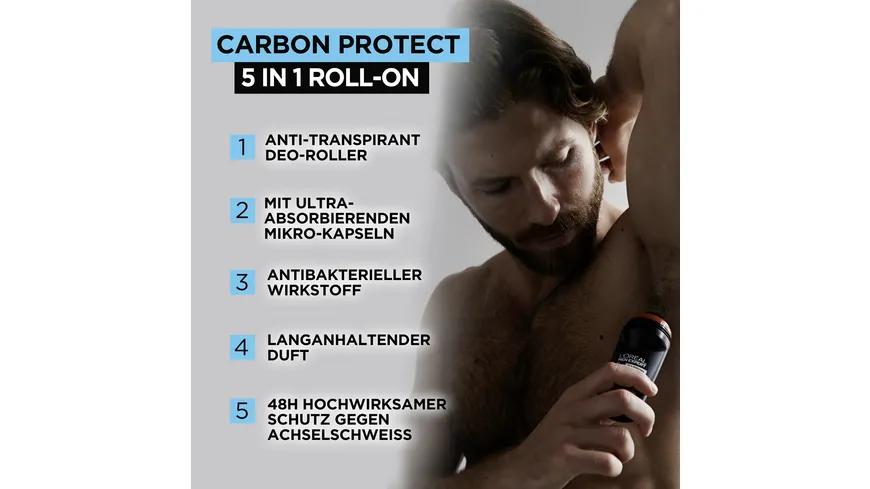 L'Oréal Paris Deo Roll-on Carbon Protect für Männer - 5 in 1 Deodorant 48h Schutz vor Schweiß: Frische & Kontrolle 50 ml