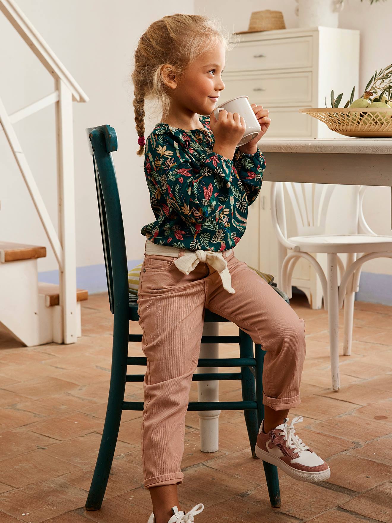 Vertbaudet Mädchen Hose mit Stoffgürtel, Mom-Fit Oeko-Tex - pfirsich