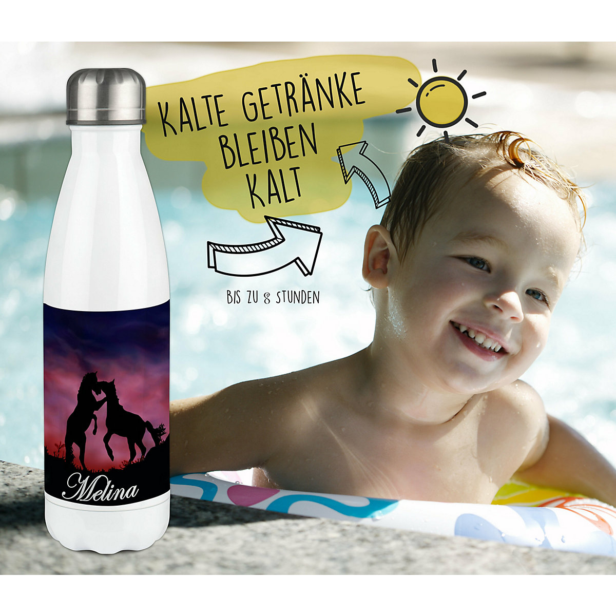 Edelstahl Kinder Thermoflasche / Trinkflasche bunt Pferde Spülmaschinenfest, Auslaufsicher, Bruchfest, Doppelwandig, Für Heißgetränke geeignet, Mit Deckel, Isoliert