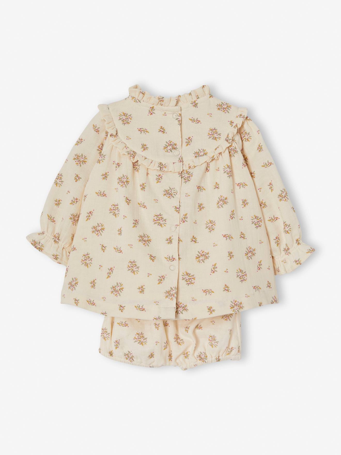 Robe en gaze de coton bébé avec bloomer beige imprimé