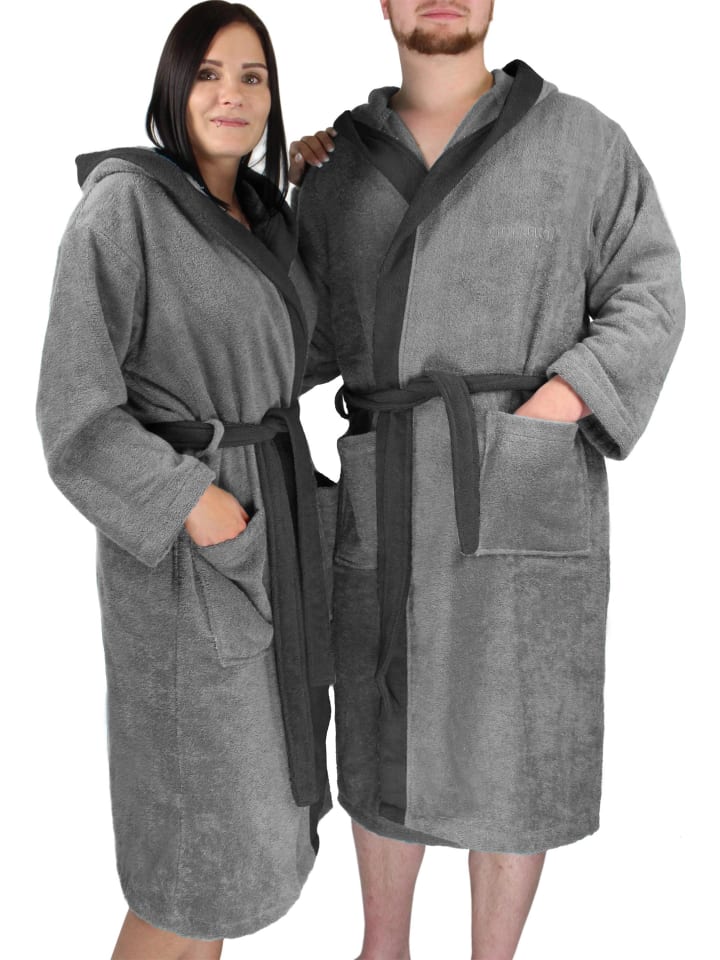 normani Unisex Baumwoll Bademantel mit Kapuze Izmit in Grau/Schwarz günstig kaufen