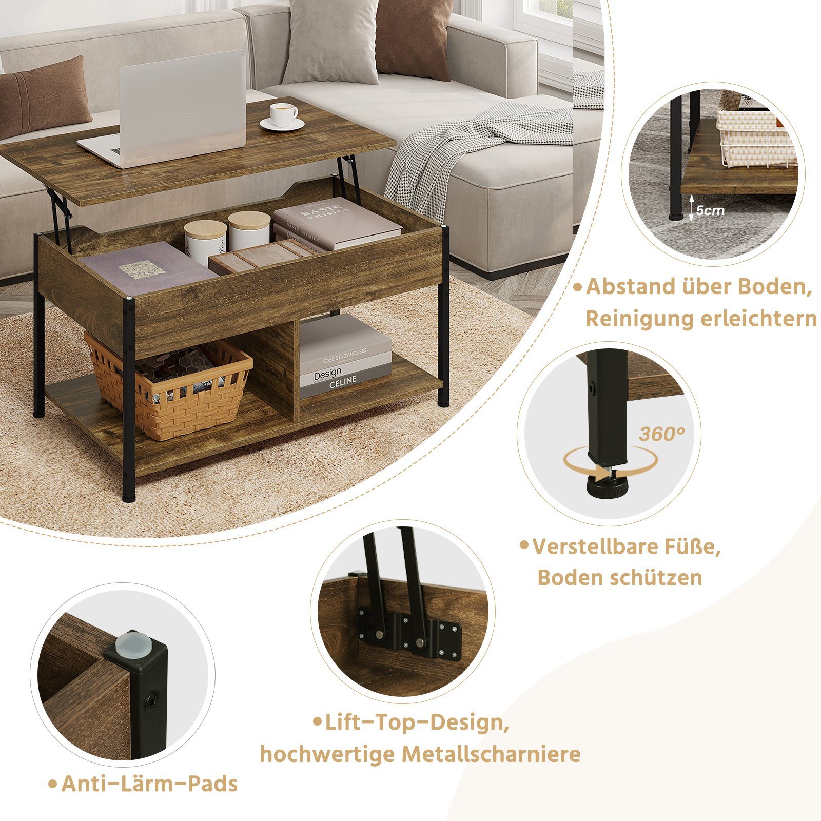 Woltu Couchtisch (1-St), offener und versteckter Stauraum, höhenverstellbar