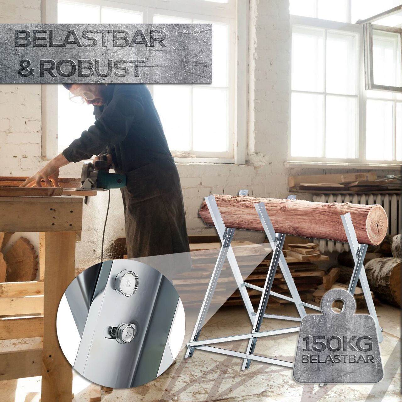 TroniTechnik GARMIO® Sägebock Holzsägebock klappbar, silber 150kg, verzinkt zusammenklappbar