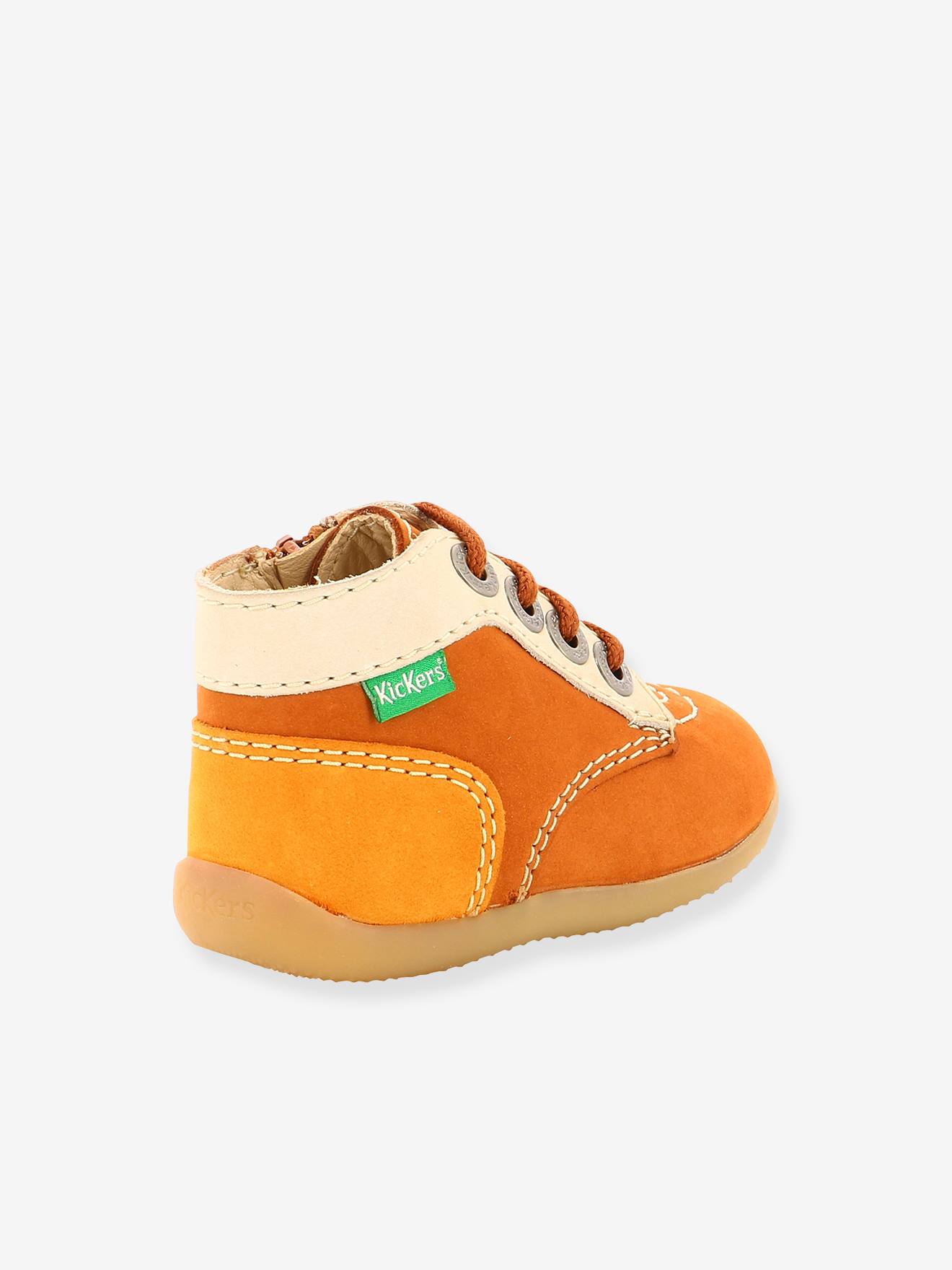 Bottillons cuir bébé Bonzip 2 KICKERS® 1ers pas camel jaune blanc