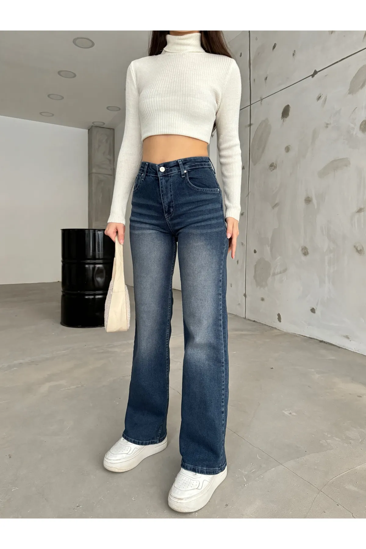 BİKELİFE  Damen Marineblaue, blasse Lycra-Jeans mit hoher Taille und weitem Bein, Salaş Palazzo Jeans