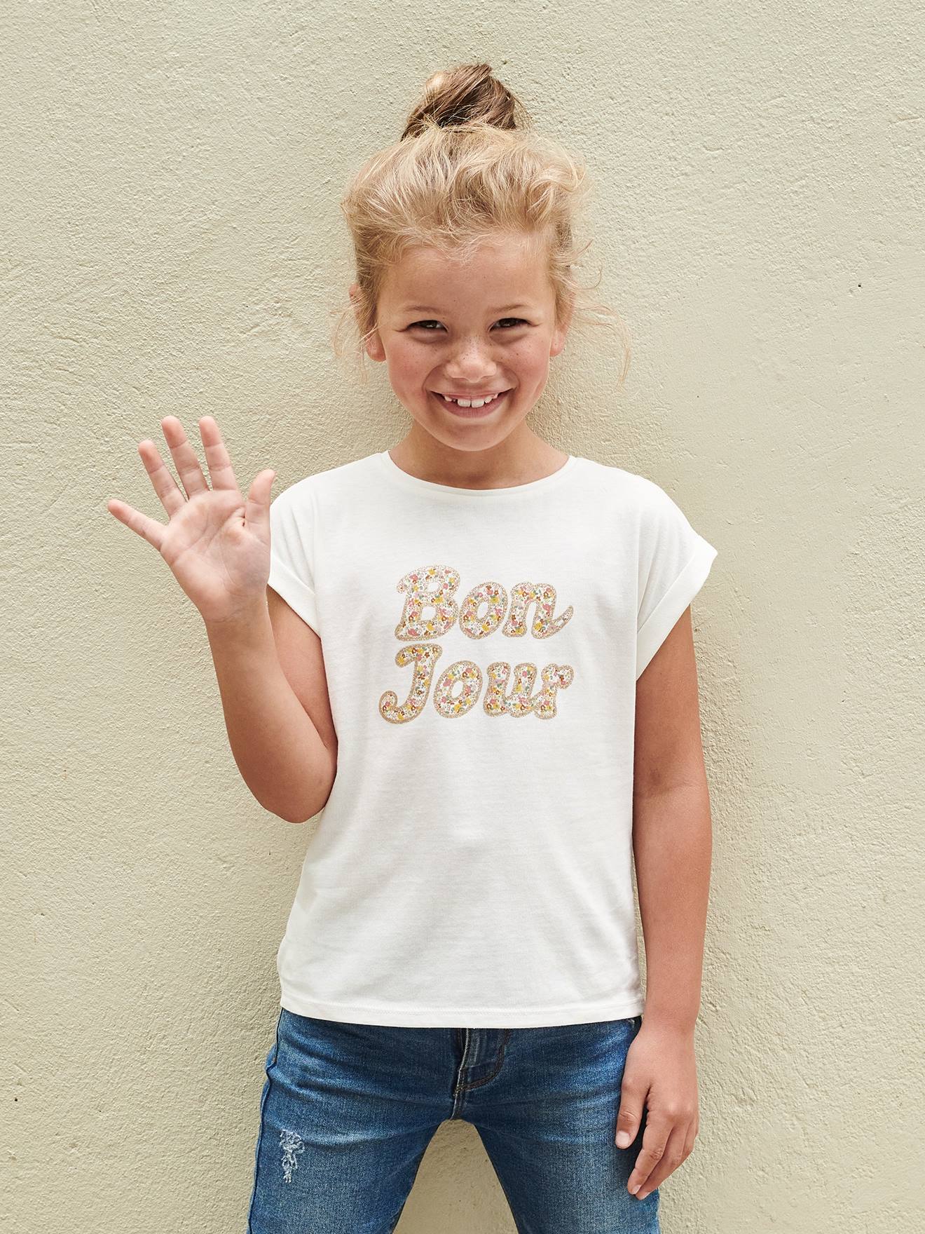 T-shirt à message motifs fleurs fille marine