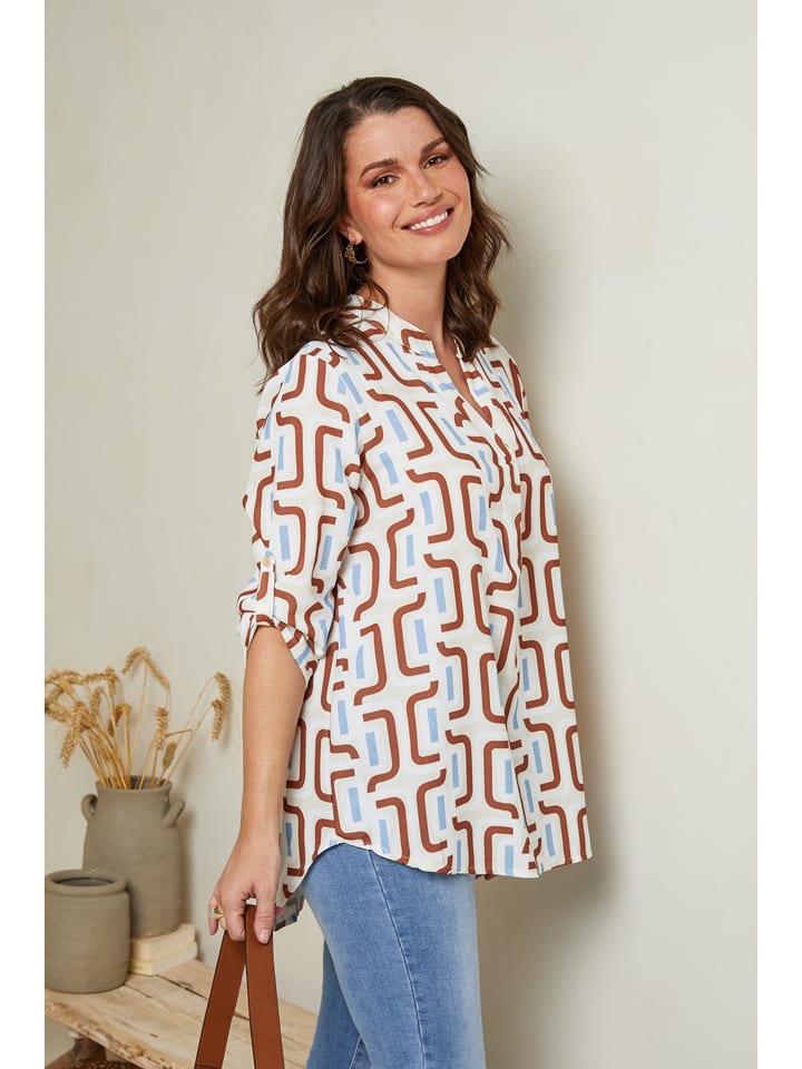 Curvy Lady Bluse in Weiß/ Braun/ Hellblau günstig kaufen
