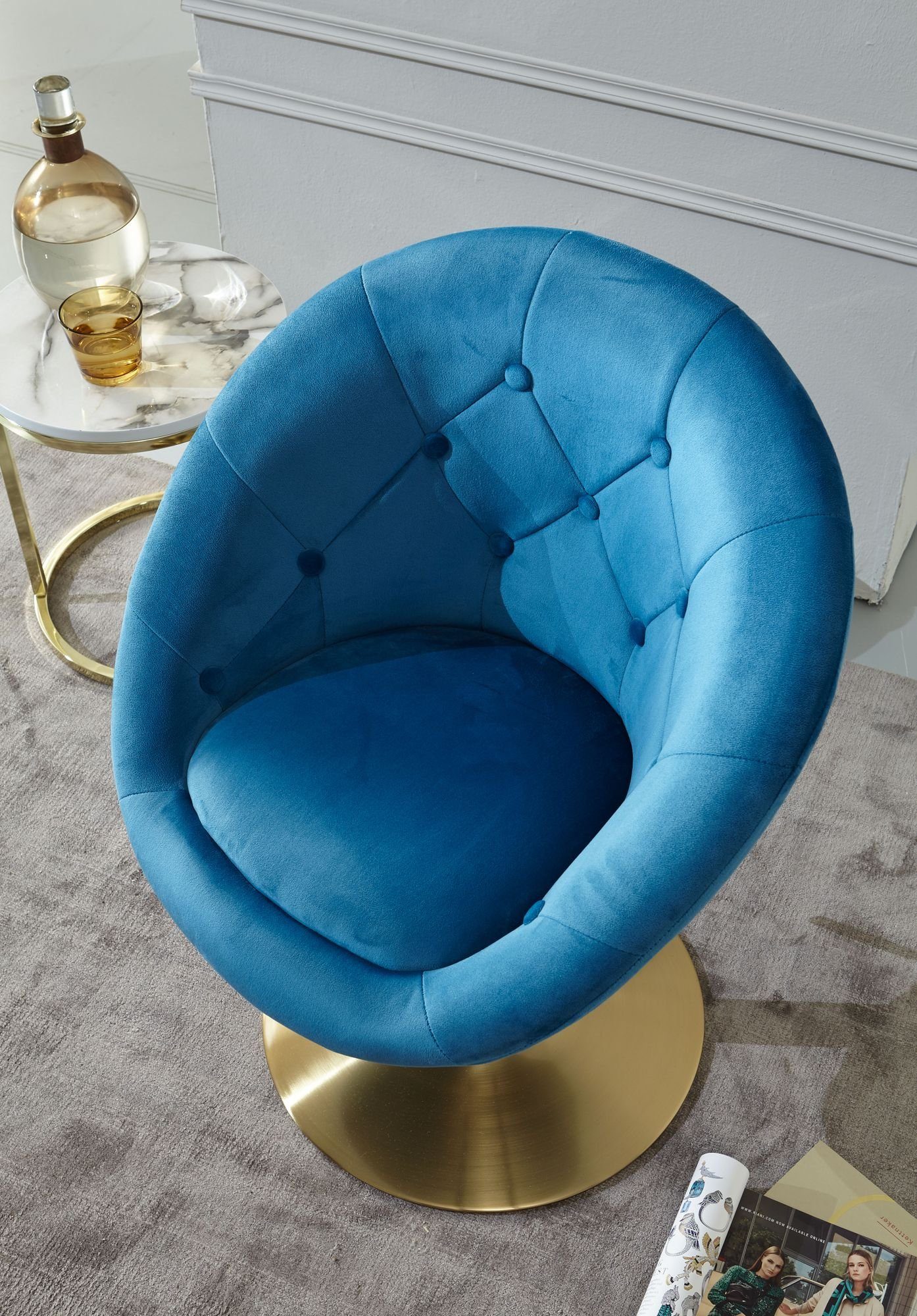 FINEBUY Polsterstuhl FB24204 (Samt Blau / Gold Design Drehstuhl mit Rückenlehne), Clubsessel Lounge, Relaxsessel Loungesessel