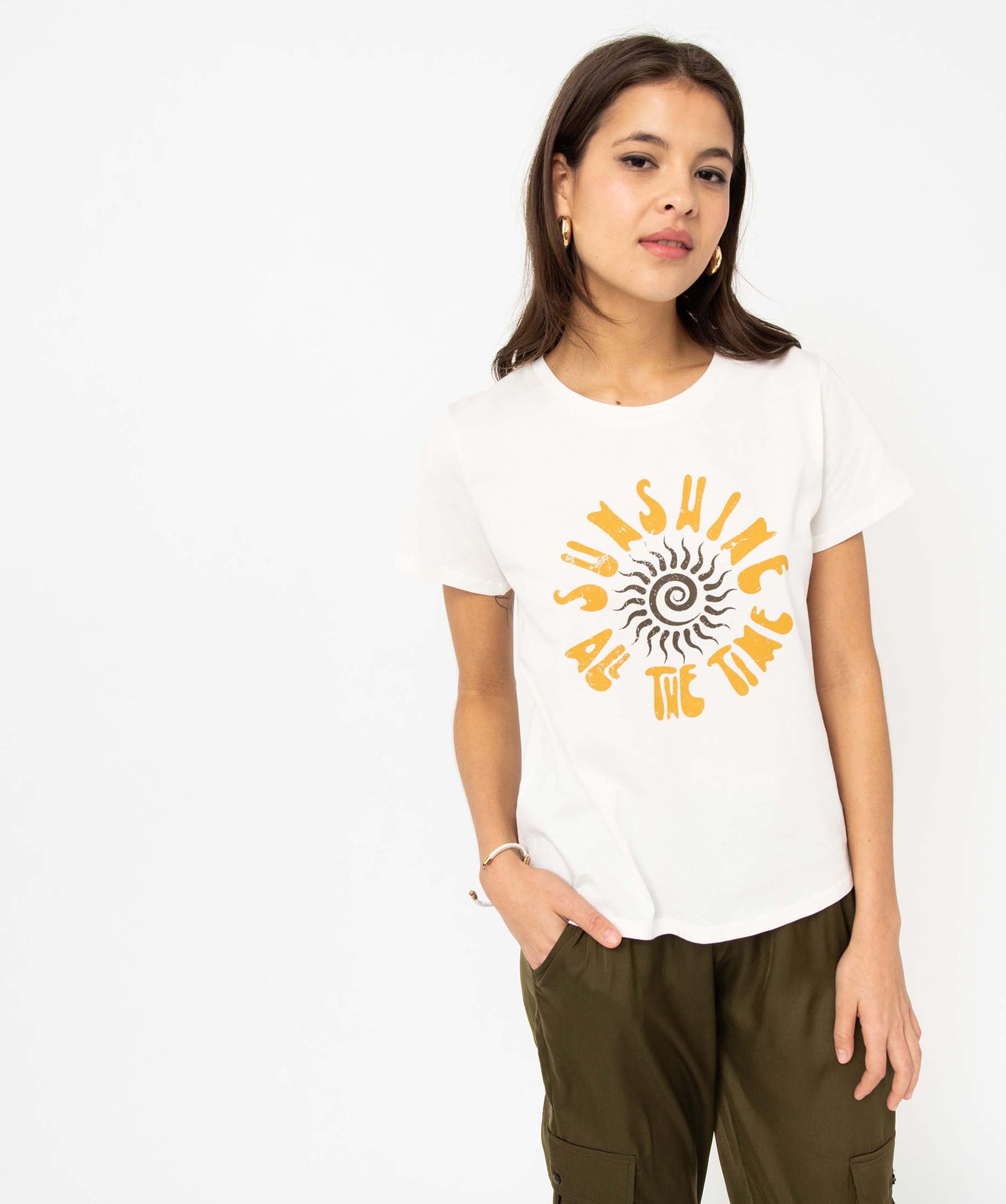 Tee-shirt femme imprimé à manches courtes beige | GEMO