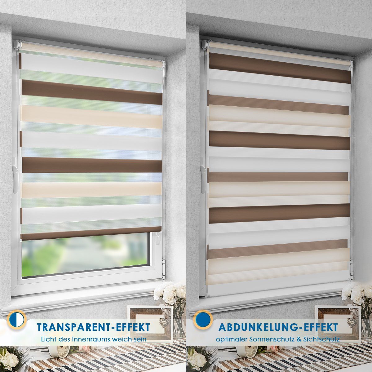 Doppelrollo rollos für Fenster ohne Bohren 130cm, OUBO, Lichtschutz, freihängend, mit Klemmträger, Klemmfix, livhtdurchlässig und verdunkelnd