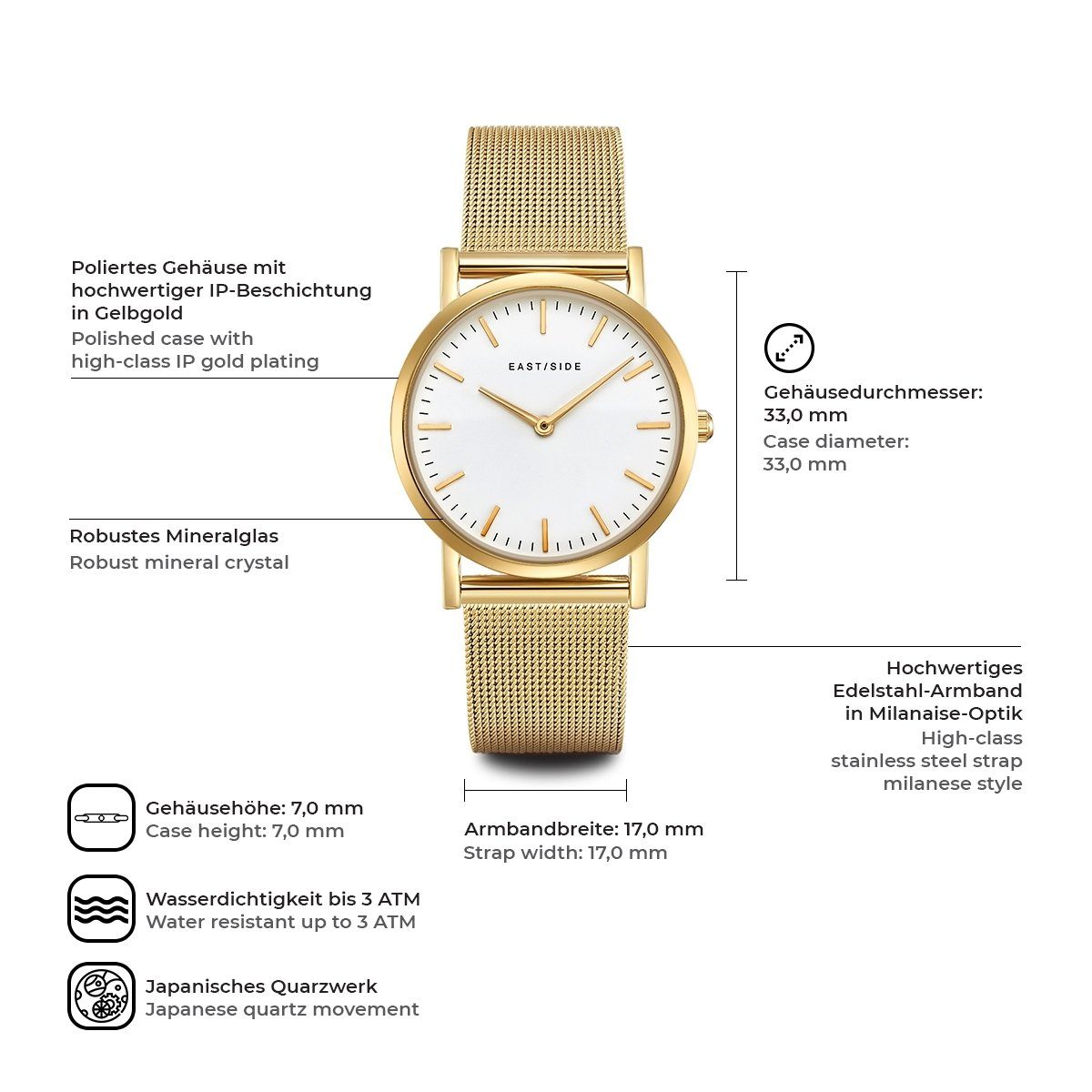 Eastside Automatikuhr Cassina gelbgold, mit Edelstahl-Armband