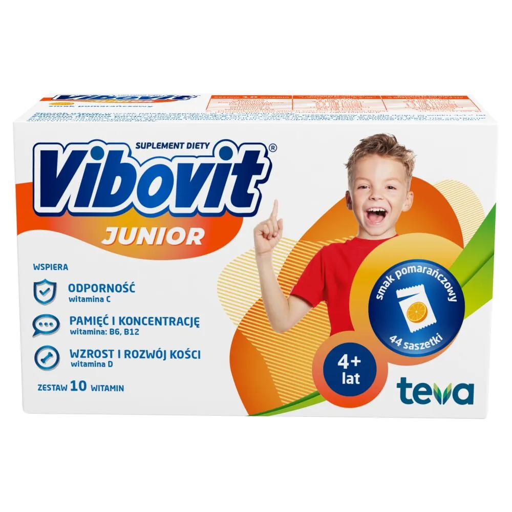 Vibovit Junior, vitaminų rinkinys vaikams nuo 4 metų amžiaus, apelsinų skonio, pakeliai