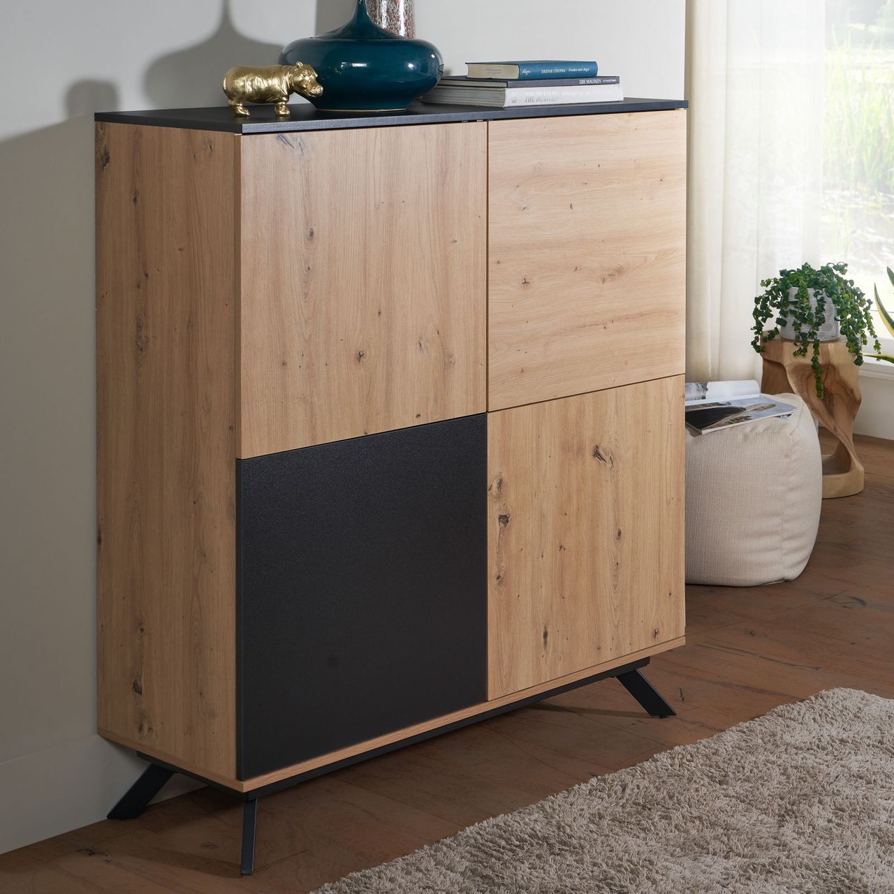 Skyport WOHNLING Highboard 110x125x40 cm MDF Sideboard Eiche Dekor Kommode Anrichte