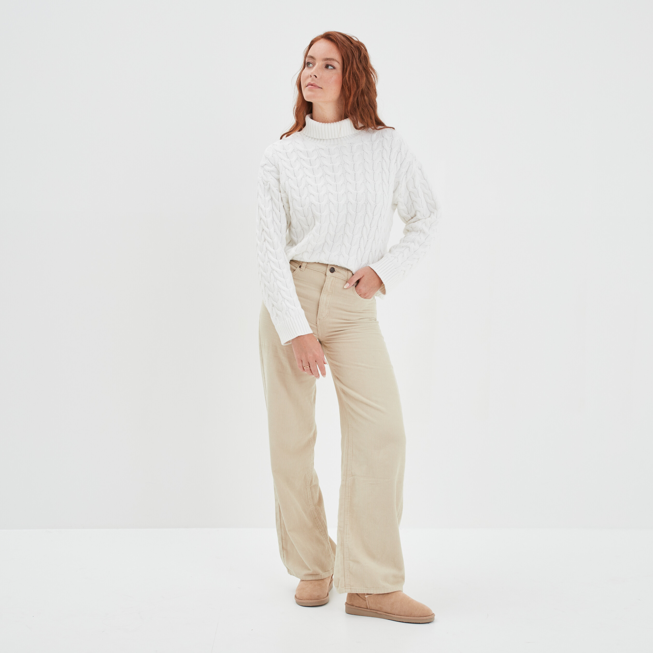 Pull col roulé à torsades court blanc femme | La Halle