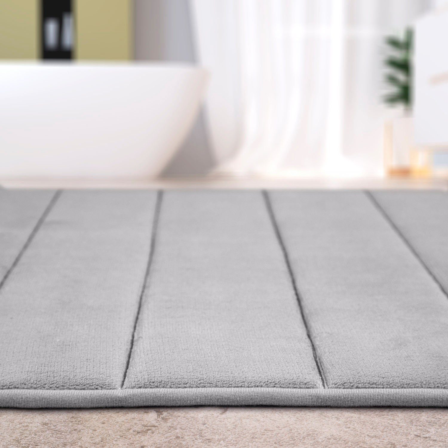 Badematte Corby 252 Paco Home, Höhe 13 mm, rutschhemmend beschichtet, fußbodenheizungsgeeignet, Polyester, rechteckig, Badteppich, gestreift, Hoch-Tief Effekt, Memory-Foam Effekt