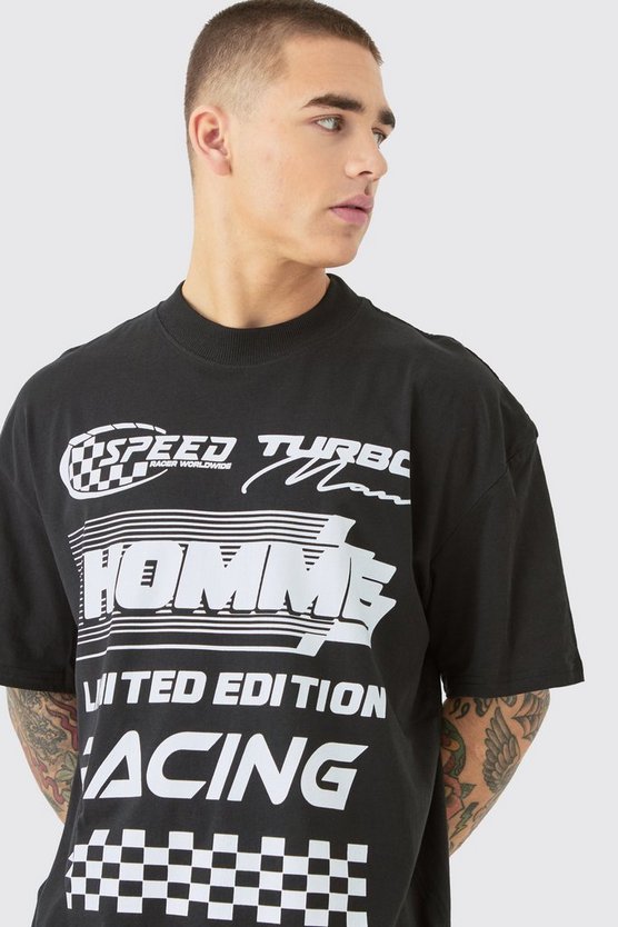 Oversize T-Shirt mit Homme Moto Print
