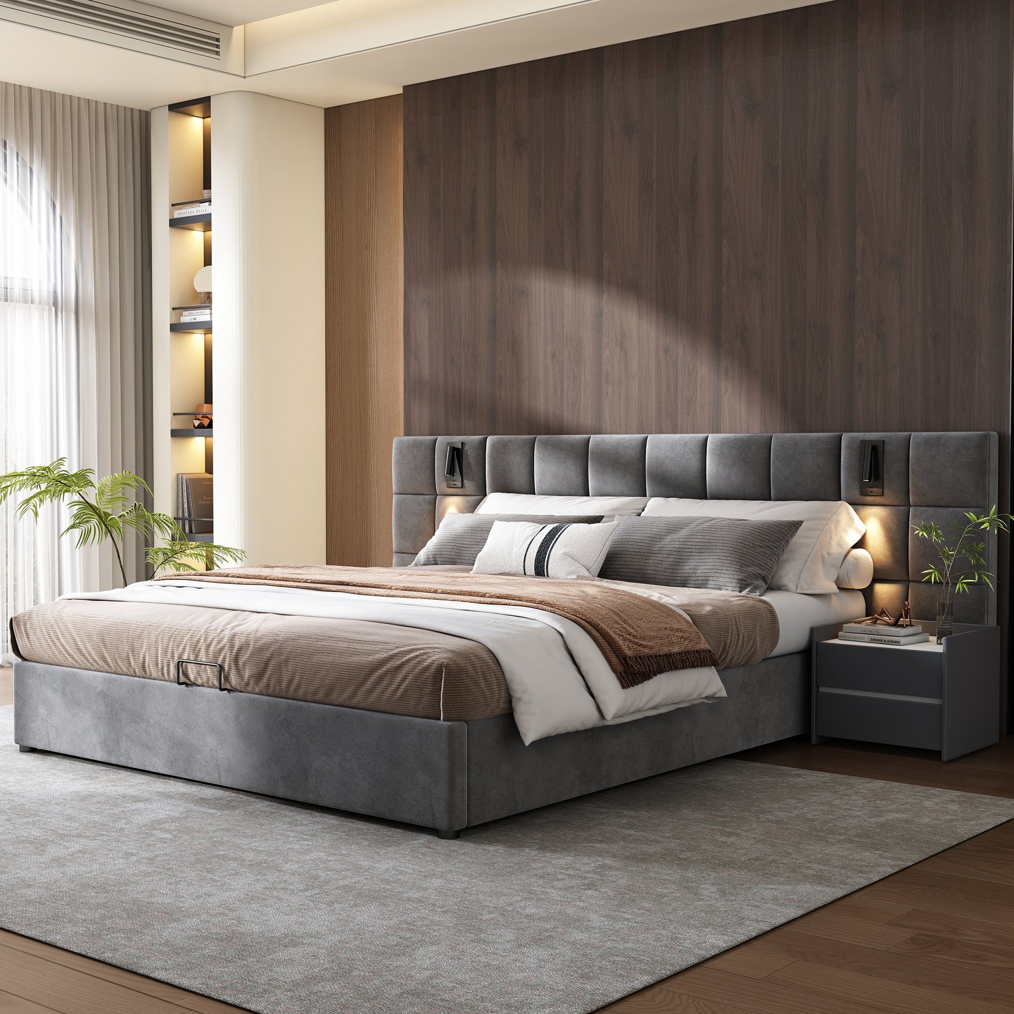 Flieks Polsterbett, Stauraumbett Leselicht & USB-Anschluss 160x200cm Samt ohne Nachttisch