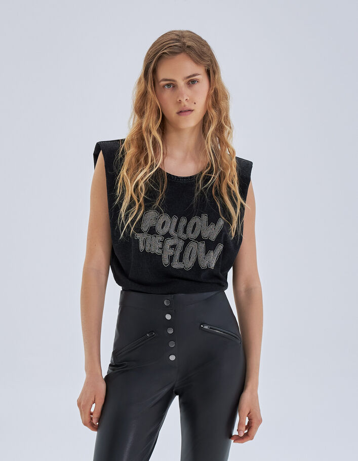 Tee-shirt noir message brodé perles Femme