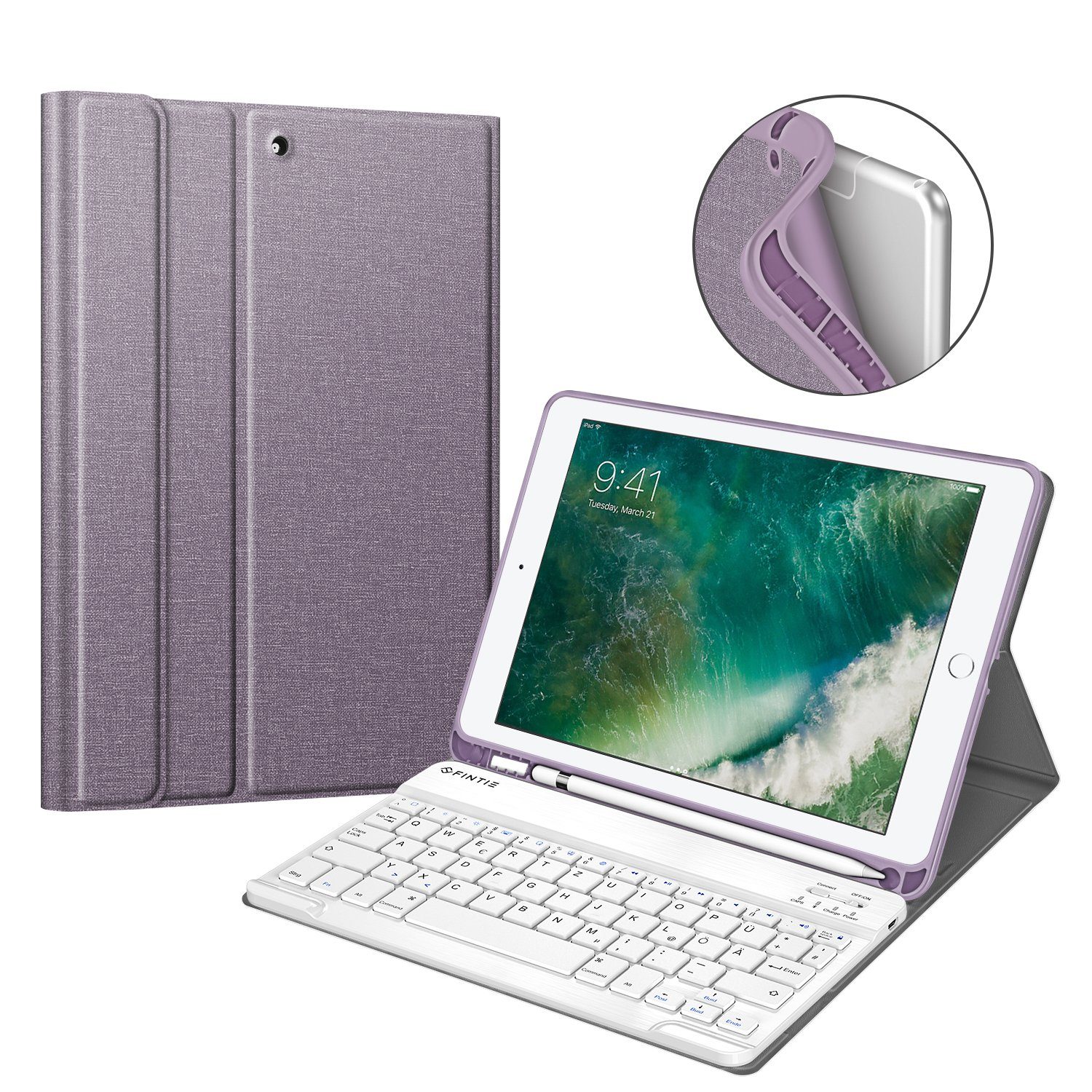 Fintie Tablet-Hülle für iPad 9.7 2018 (6. Gen) mit magnetisch QWERTZ Bluetooth Tastatur, Soft TPU Rückseite Gehäuse Keyboard Case mit eingebautem Pencil Halter