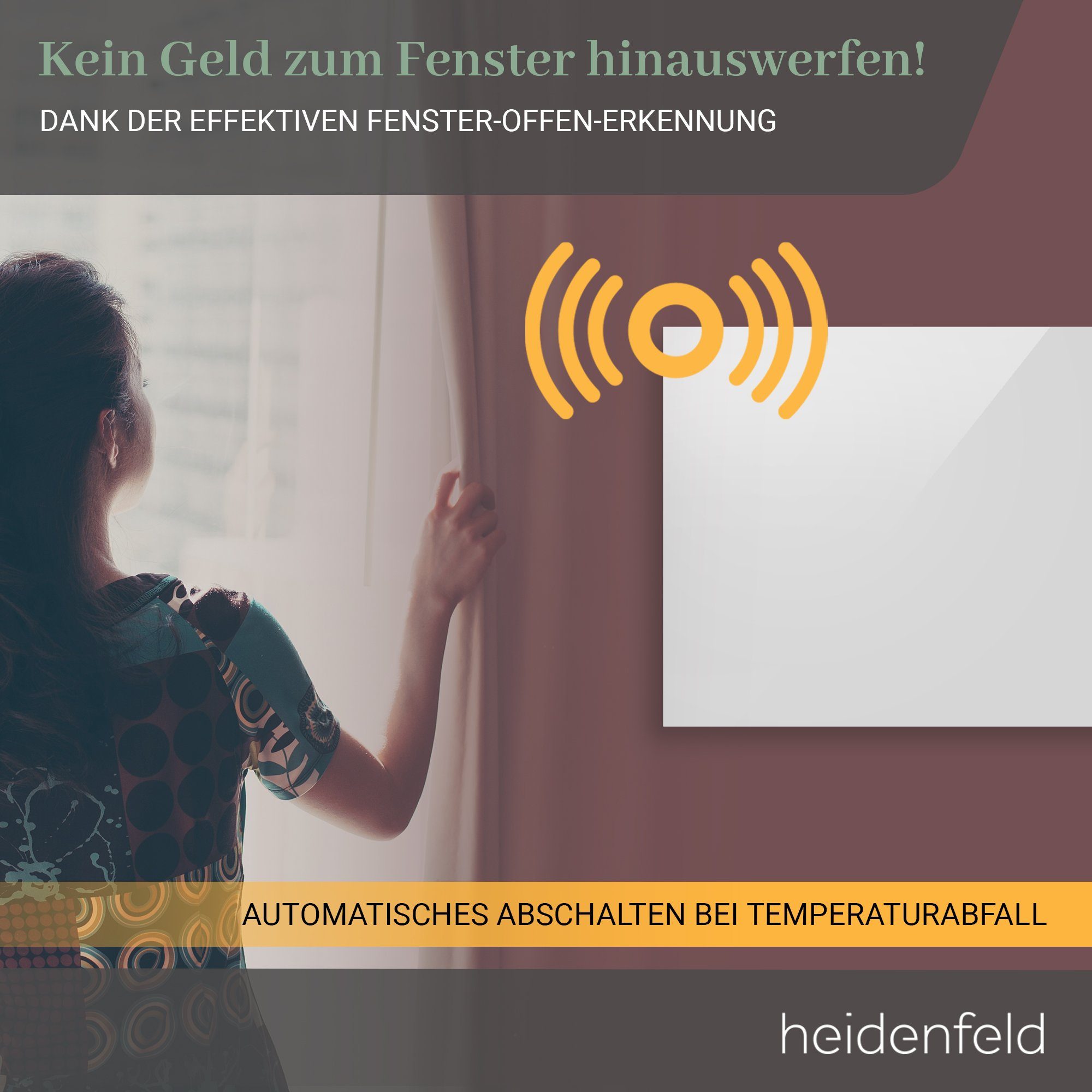 Heidenfeld Infrarotheizung 300 - 1200 W Wand Decken Elektroheizung HF-HP130 - 10 J. Garantie, Fernbedienung - Fenster-Auf-Erkennung - Infrarot Heizung Heizkörper