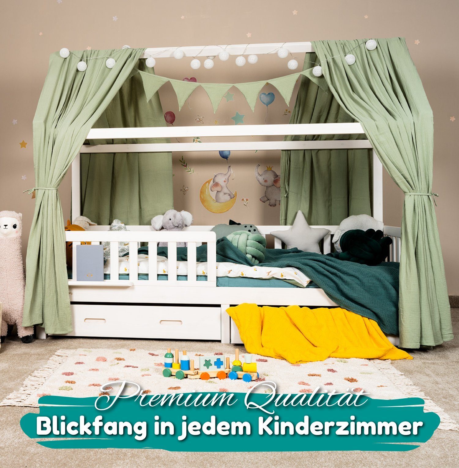 Alavya Home® Betthimmel Der Luxus DEKO SET für HAUSBETT 80x160 I 90x200 I Befristetes Angebot (KOMPLETT SET I 2 Stück Betthimmel I 1 Stück Wimpelkette 300cm cm lang mit 9 Stück Wimpeln, 3-tlg), Dekoset aus 100% Bio-Musselin Baumwolle GOTS zertifizier