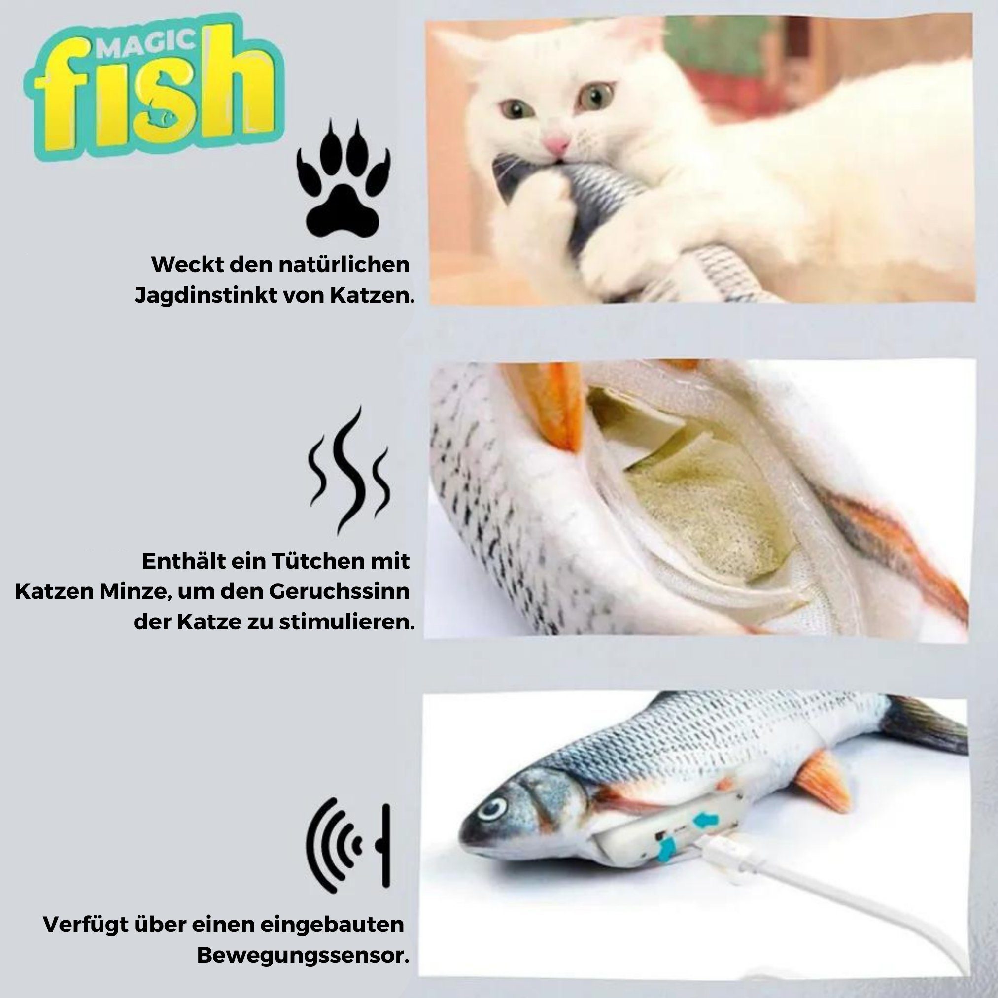 Best Direct® Tier-Beschäftigungsspielzeug Magic Fish®, Baumwolle, Polyester, Katzenspielzeug zappelnder, bewegender Fisch mit Katzenminze