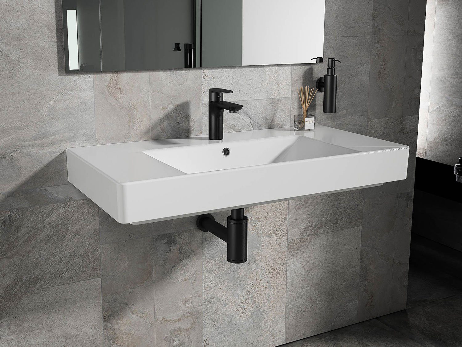 Aqua Bagno Waschbecken Quadra Soft Keramik Waschtisch 90cm weiß Waschbeck (Packung)
