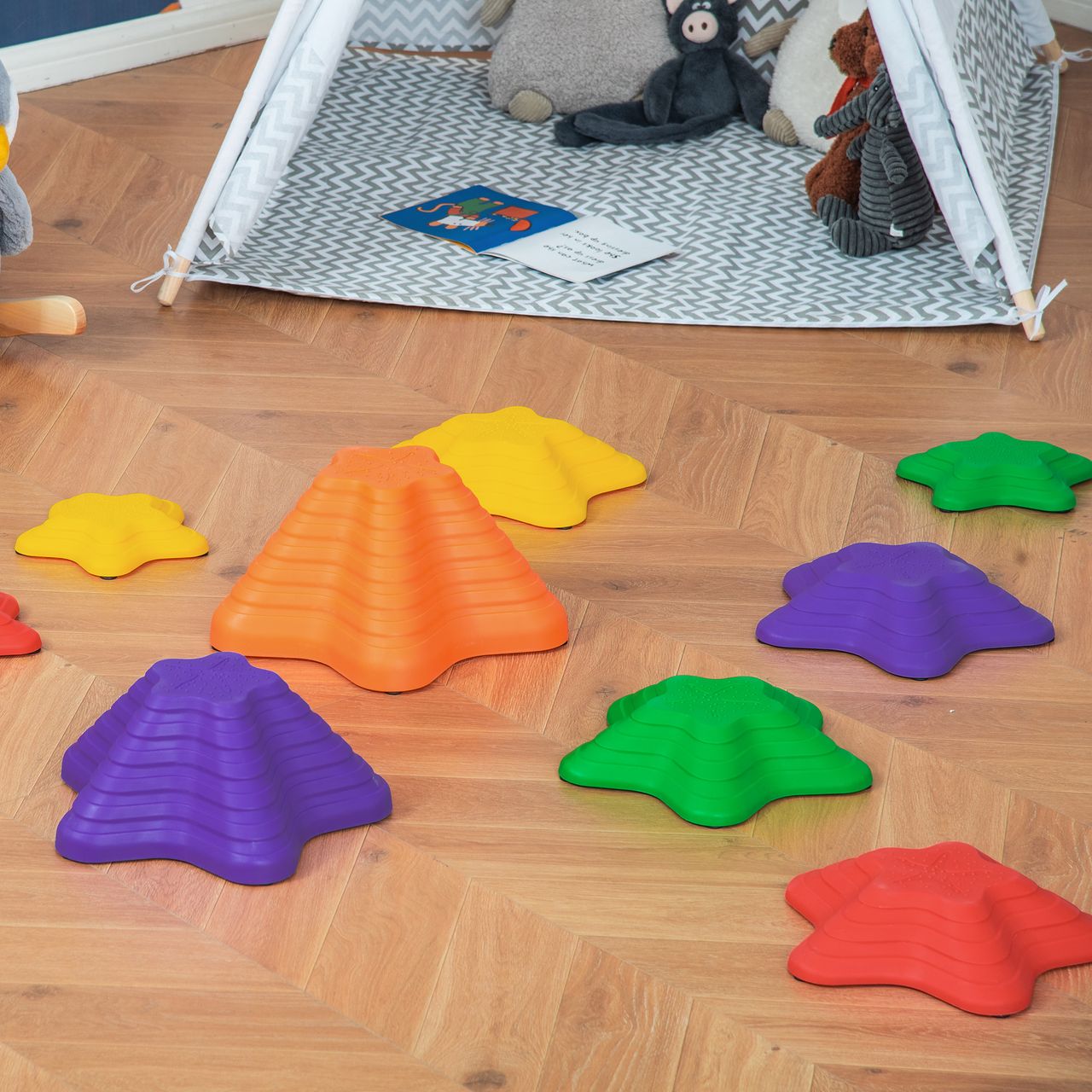 Outsunny Flußsteine 11ER Balance-Steine für Kleinkinder Sprungbrett Trittsteine Balancespiel für Innen- und Außenbereiche belastbar bis 80 kg Rutschfest Stapelbar