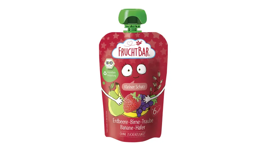 FRUCHTBAR Bio-Fruchtpüree Kleiner Schatz Erdbeere, Birne, Traube, Banane, Hafer 100 g