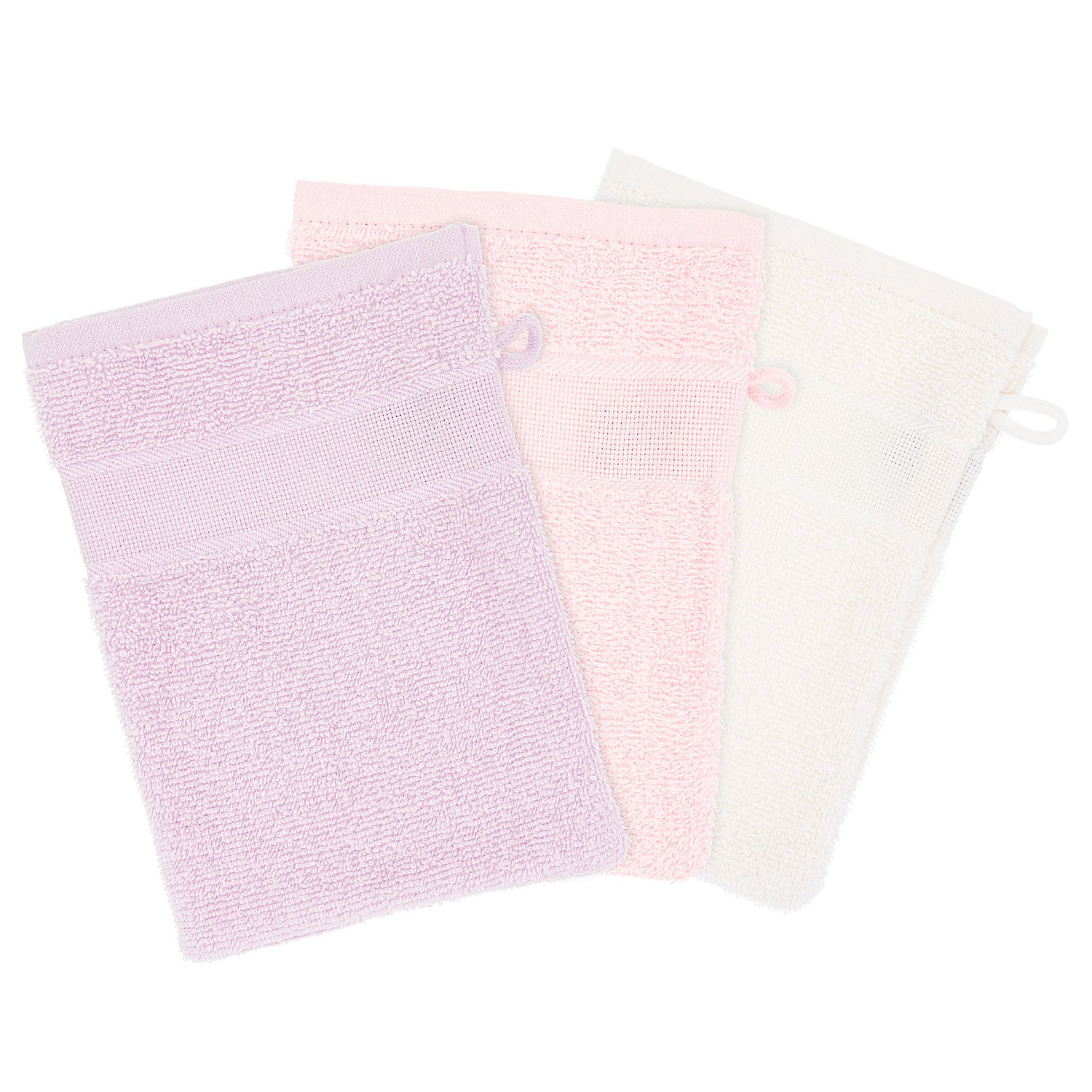 3er-Pack buttinette Walk-Frottier-Waschhandschuh, ecru/flieder/rosa
