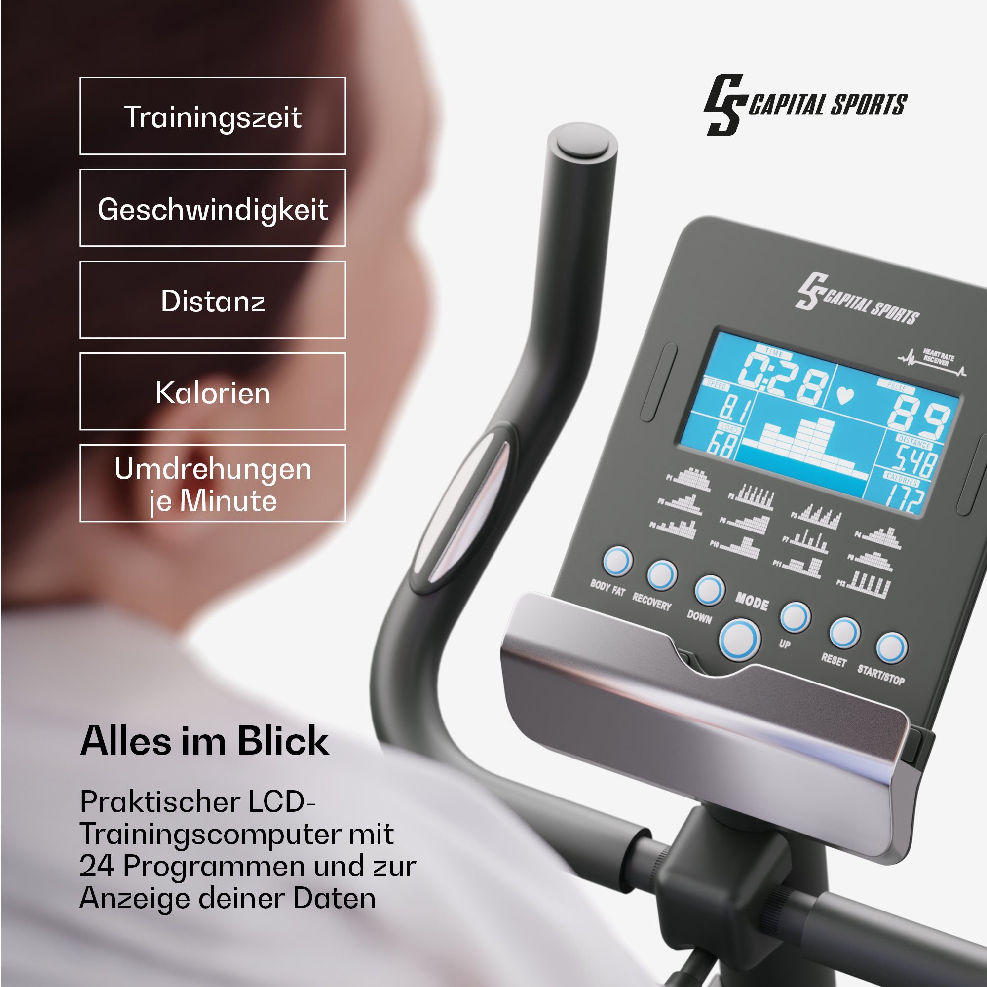 Capital Sports Crosstrainer Helios Cardiobike Heimtrainer (Trainingscomputer mit 12 Programmen), Standfahrrad Hometrainer Cardio Trainingsgerät Ausdauertraining Fitnes