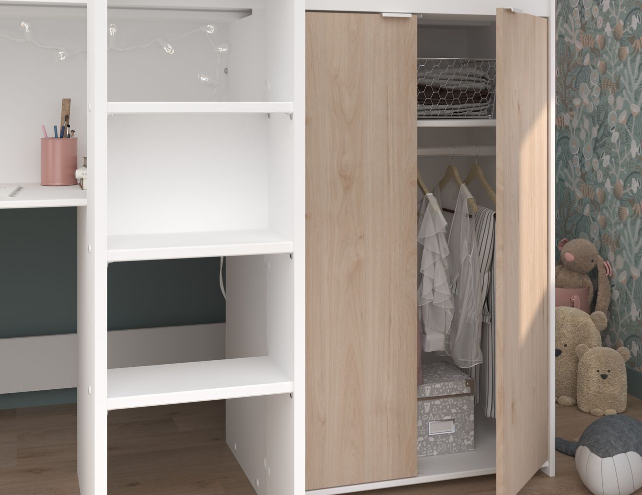 Parisot Hochbett, Tom - mit integriertem Schreibtisch und Kleiderschrank