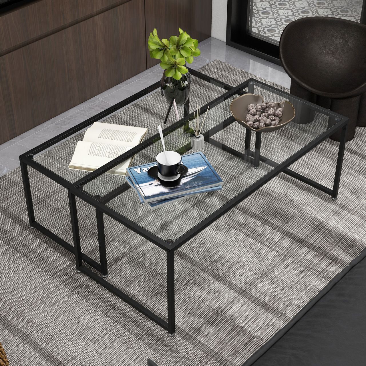 HOMCOM Couchtisch 2er-Set Beistelltisch, Kaffeetisch, Satztisch, Stahl, Schwarz