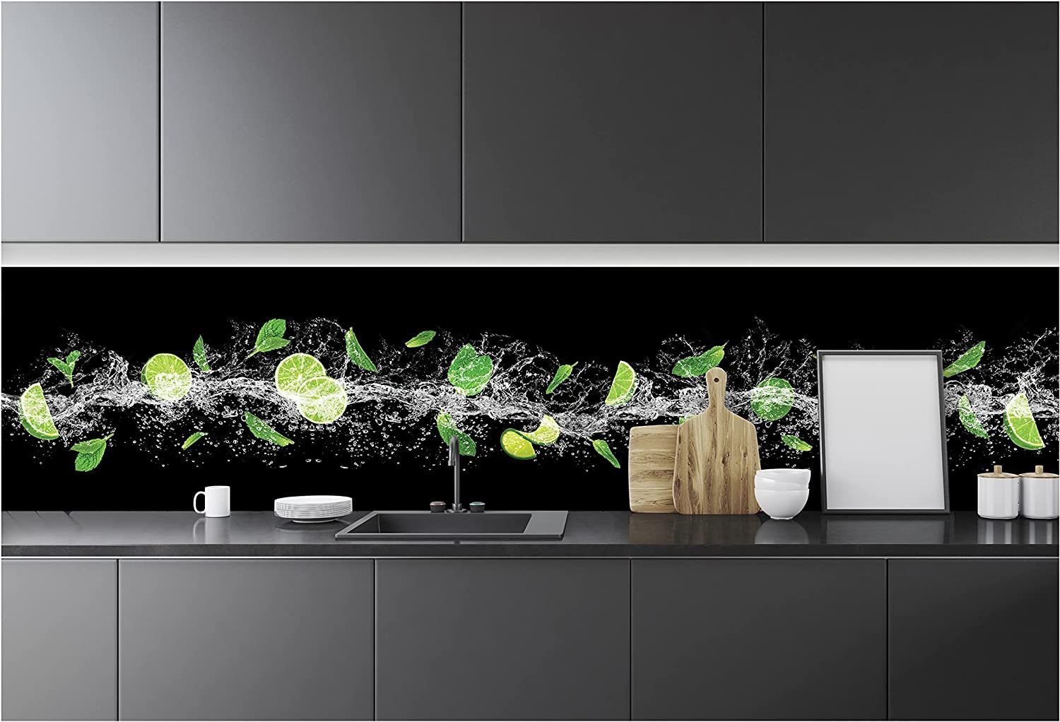 Wallarena Fototapete Küche Abwaschbar 250x60 cm Vlies Tapete Wandtapete Einteilig Küchenrückwand Küchentapete Küchentapete, Glatt, Limetten, Obst, Wasser, Vliestapete inklusive Kleister