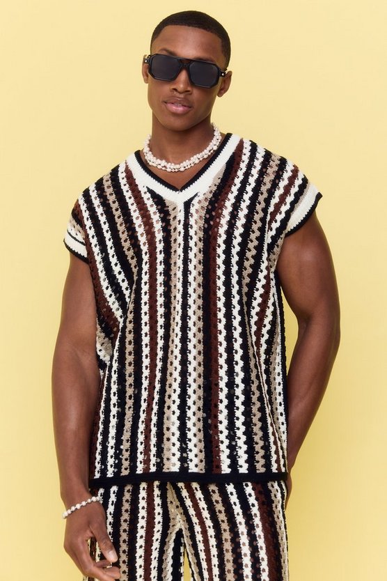 Kastiges gestreiftes Oversize Pullunder mit V-Ausschnitt