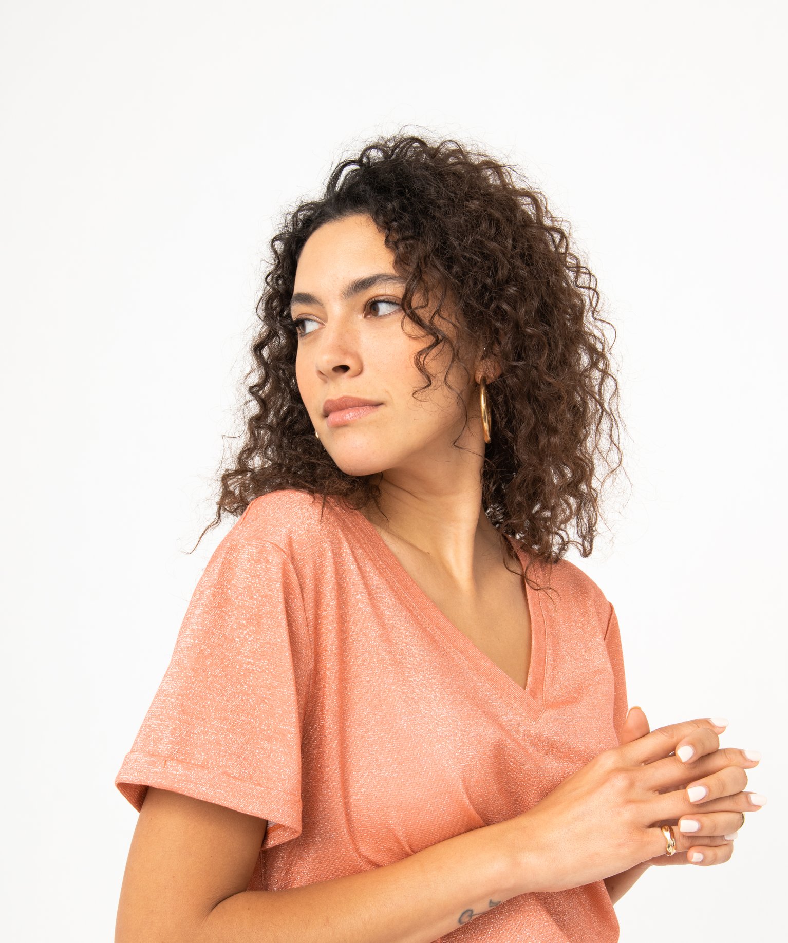 Tee-shirt à manches courtes en maille pailletée femme rose | GEMO