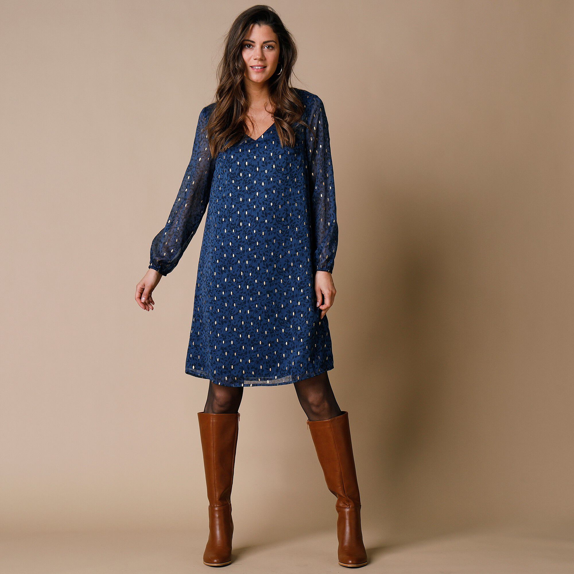 Robe évasée voile imprimé doré