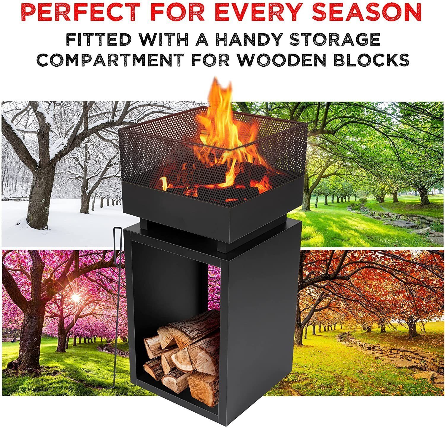 BlueCraft Feuerschale, Outdoor Feuerkorb Garten-Kamin mit Funkenschutz Terrassen-Kamin BBQ Feuerstelle