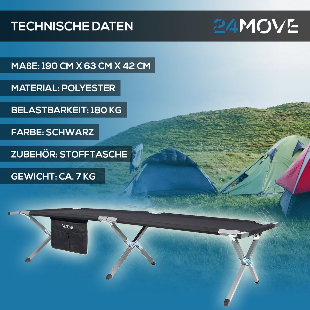 TroniTechnik 24MOVE® Feldbett Campingbett bis 180 kg In-und Outdoor Camping faltbar, inkl. Tragetasche