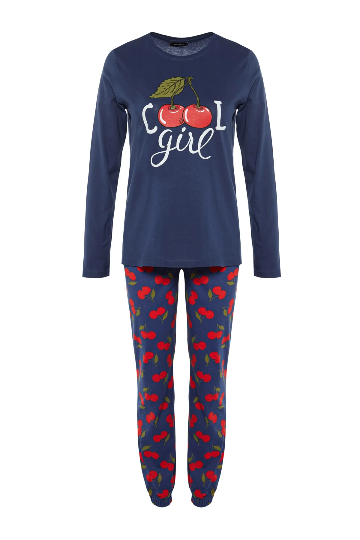 Trendyol Collection  Marineblaues gestricktes Pyjama-Set aus 100 % Baumwolle mit Kirschmuster THMAW23PT00494