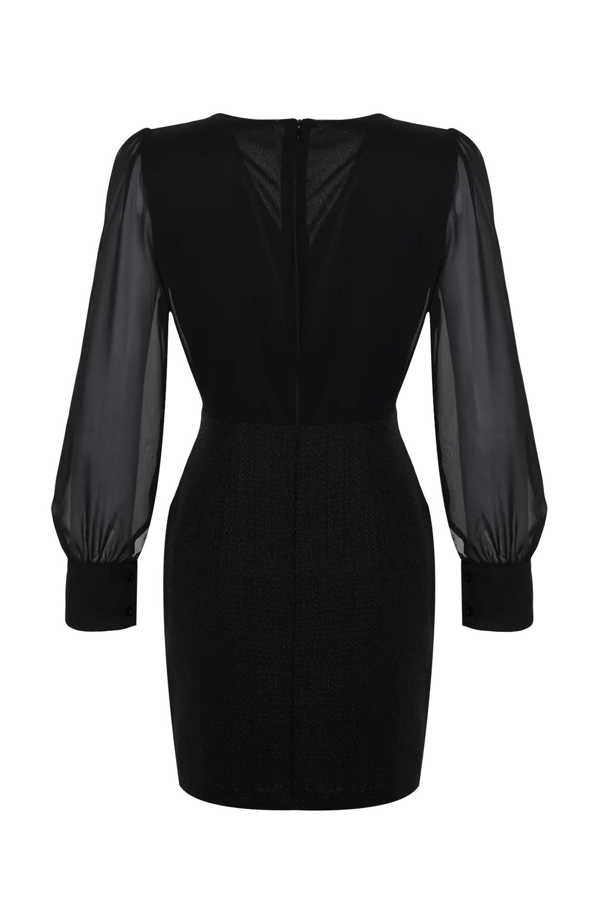 Trendyol Collection  Schwarzes Kleid aus gewebtem Tweed mit einfarbigem Muster und Knöpfen TWOAW24EL00659