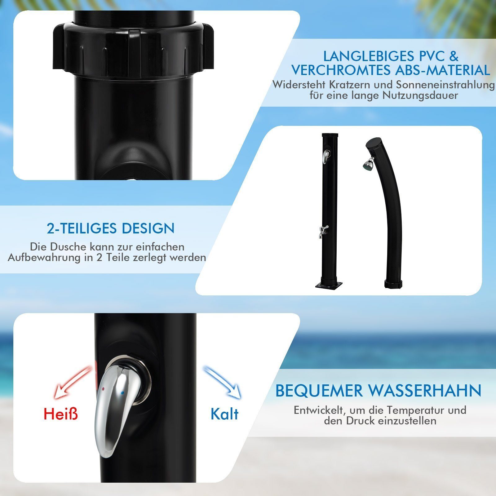 KOMFOTTEU Solardusche 217cm 20L solarbeheizte Dusche, mit schwenkbarem Duschkopf & Fußdusche
