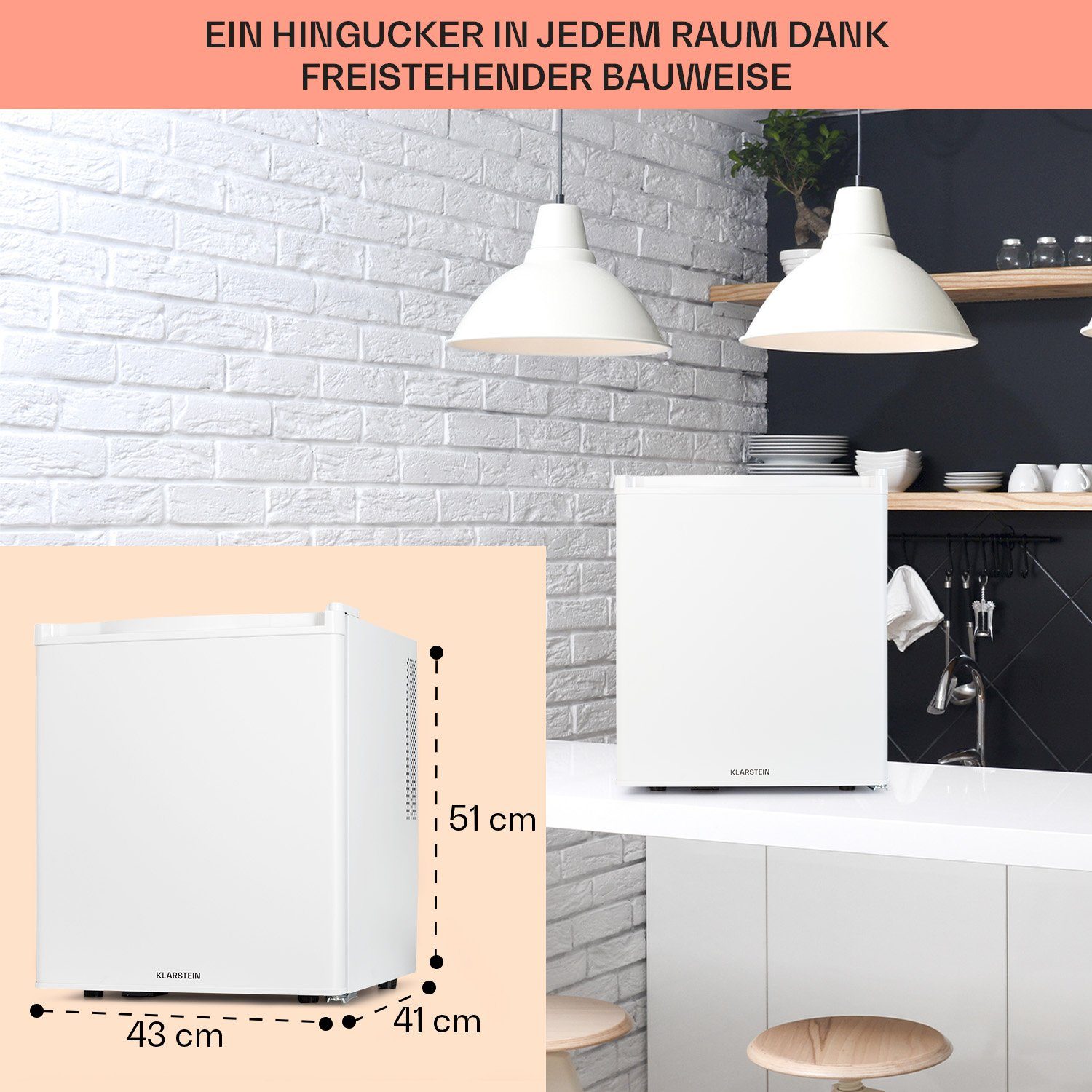 Klarstein Table Top Kühlschrank HEA3-HappyH-38l-WH 10045047, 51 cm hoch, 43 cm breit