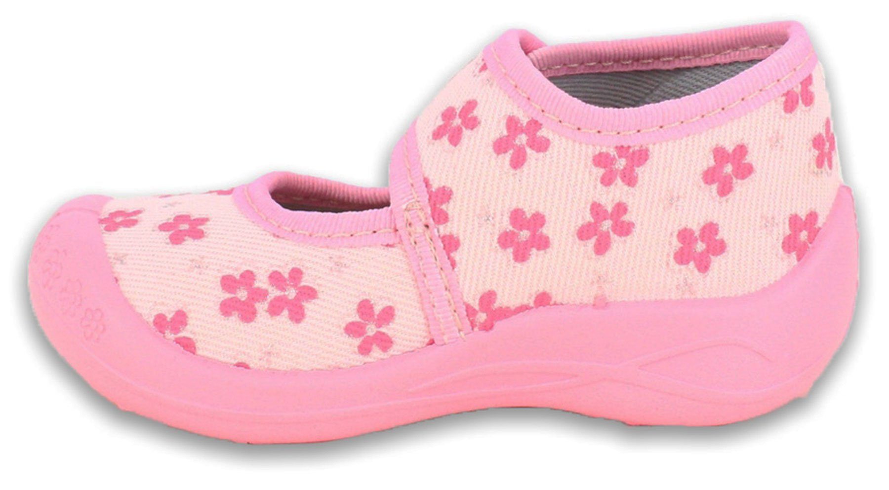 Beck Kleinkind Hausschuhe Little Flower Hausschuh (Leder-Decksohle, atmungsaktive Materialien) rutschfeste flexible Laufsohle, verstellbarer Klettverschluss