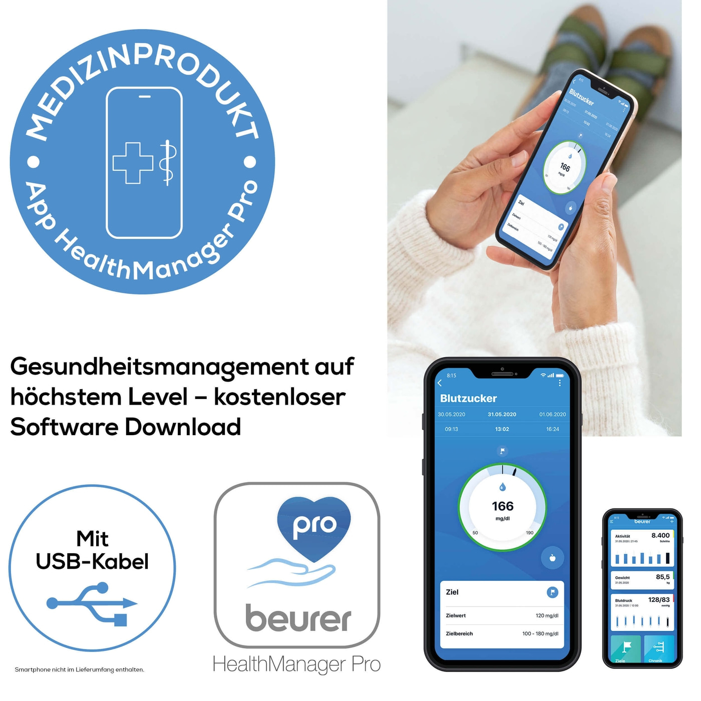 Beurer Blutzuckermessgerät GL 44 Purple mmol/L-Blutzuckermessgerät mit Blutmengenkontrolle & App-Anbindung