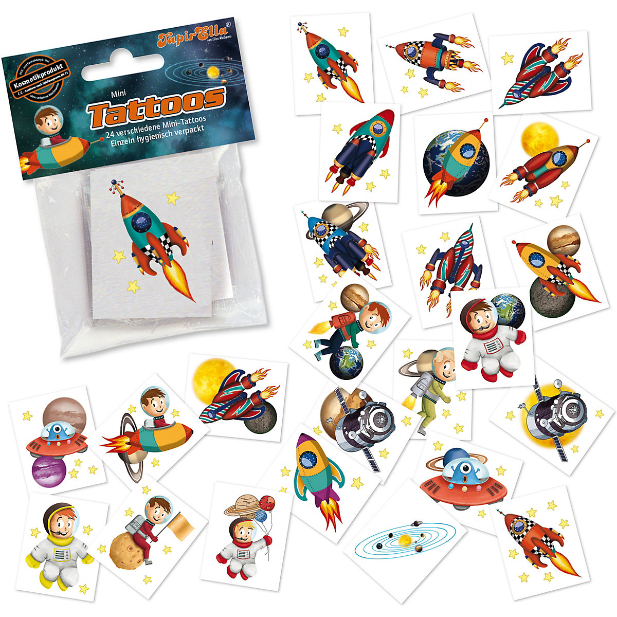 Mini-Tattoos Rakete & Planeten, 24 Stück