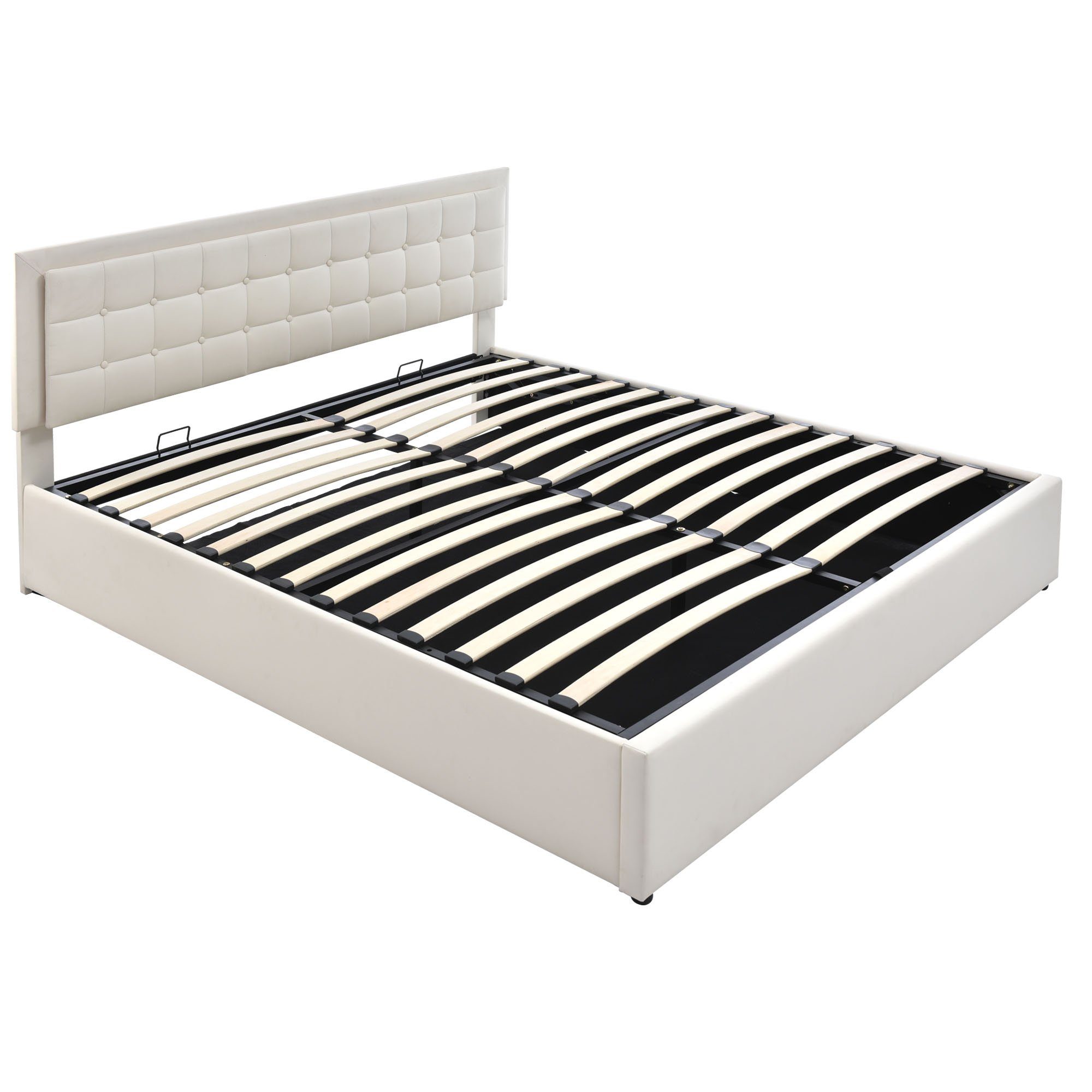REDOM Polsterbett Leder Doppelbett Bett Funktionsbett Hydraulisch mit LED Leuchte (mit Stauraum, Massivholzbett), Weiß, ohne Matratze/mit Matratze, 140×200cm/160×200cm/180×200cm