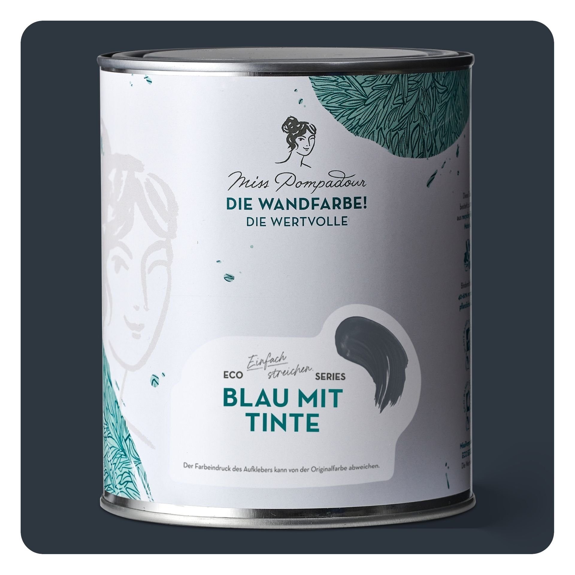 MissPompadour Wandfarbe Blau mit Tinte - matte Wandfarbe mit sehr hoher Deckkraft 1 L, geruchsneutrale und spritzfreie Innenfarbe, wasserbasiert