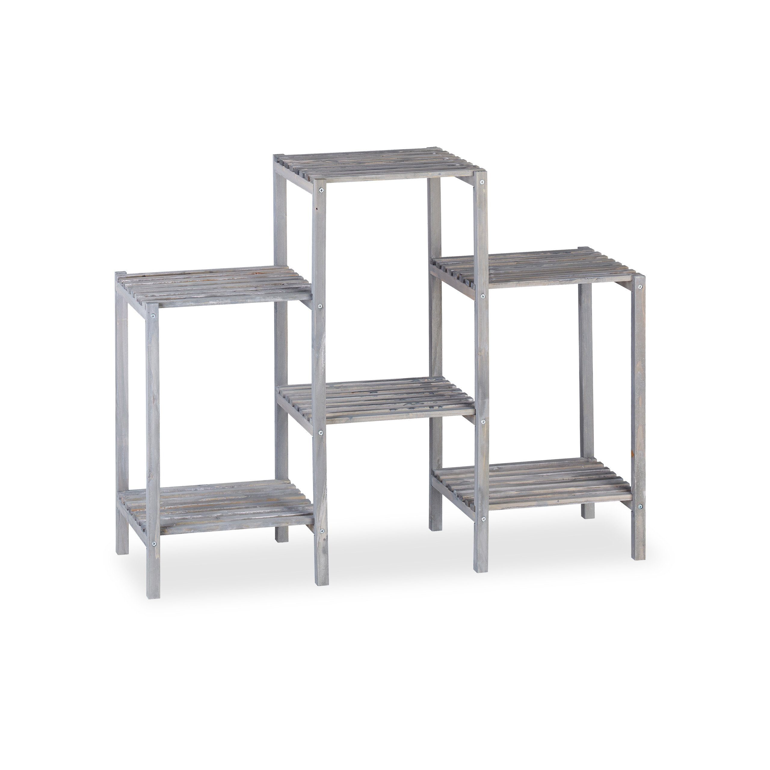 relaxdays Pflanzentreppe Graues Blumenregal aus Holz, M