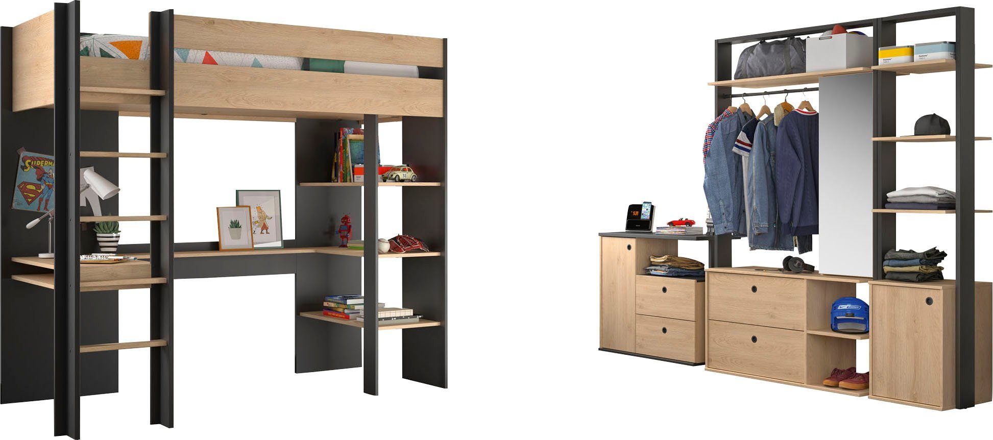 Gami Jugendzimmer-Set Duplex, (4-St., 2x offenes Schranksystem, Kommode, Hochbett)